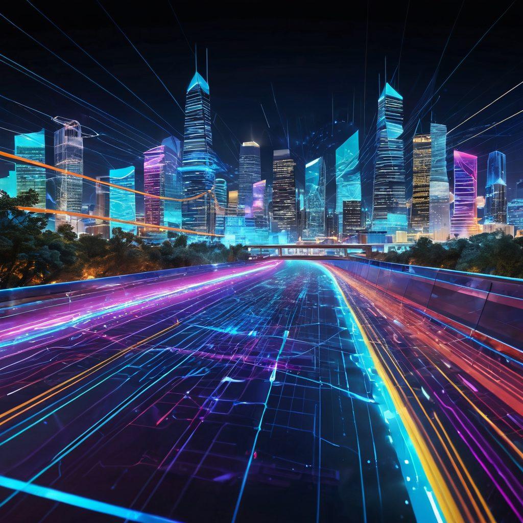 A digital landscape depicting a bustling network of interconnected nodes representing data flow, with vibrant lines illustrating high-speed connectivity. Include a central figure analyzing performance metrics on a futuristic holographic interface, surrounded by graphs and gears symbolizing strategies for optimization. The background showcases an abstract cityscape of technology and innovation. super-realistic. vibrant colors. futuristic theme.