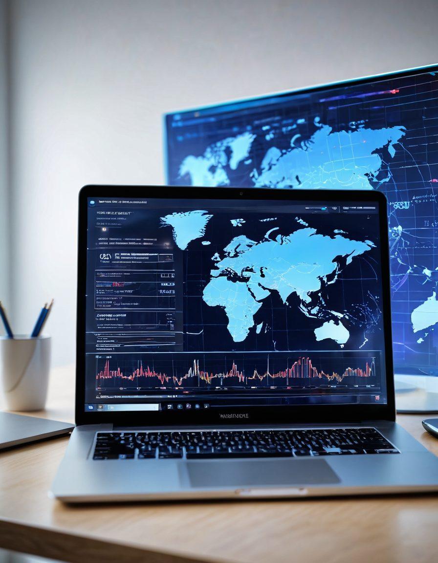 A modern, sleek workspace featuring a high-tech laptop displaying bandwidth diagnostics graphs, with a digital interface showing internet speed measurement in real-time. In the background, a translucent globe symbolizing global connectivity and data streaming, with soft glowing lines representing data flow. The scene is bright and inviting, emphasizing technology and efficiency. super-realistic. vibrant colors. white background.