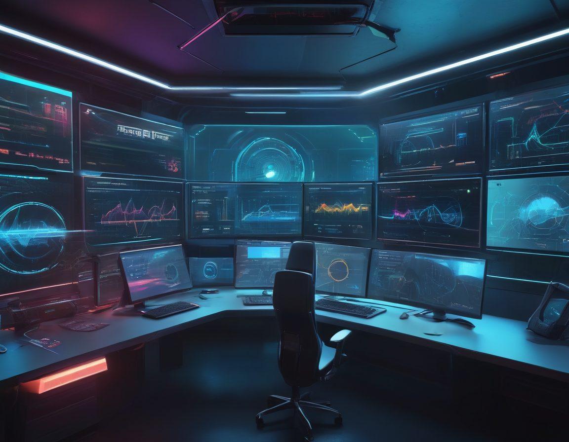 A futuristic workspace showcasing various internet testing tools on multiple screens, with speed metrics displayed, and an individual analyzing data with a focused expression. Bright, engaging colors symbolize high-speed connectivity, and a sleek modern aesthetic enhances the tech-savvy atmosphere. Include elements like speedometers and graphs to represent internet performance visually. super-realistic. vibrant colors. cyberpunk.